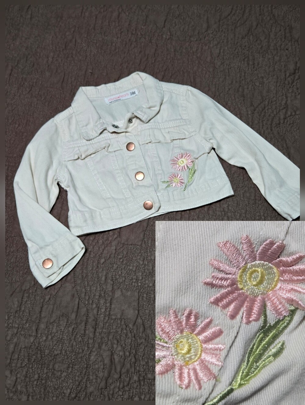 Girl’s Jean Embroidered Flowered Denim Jacket, 24m